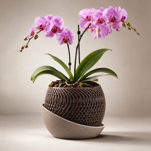May include: A potted orchid plant with vibrant pink flowers and green leaves. The plant is housed in a dark brown, spherical, lattice-patterned pot that sits inside a smooth, light beige, curved saucer base, creating a layered appearance.