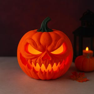 Jack O Lantern Lamp, 3D Printed Pumpkin With Flameless Tea Light Included, 4 in Tall Halloween Decor