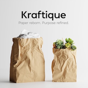 May include: Two brown paper bags, one filled with crumpled white paper and the other with green and yellow succulents. The word "Kraftique" is displayed in black, with the tagline "Paper reborn. Purpose refined."