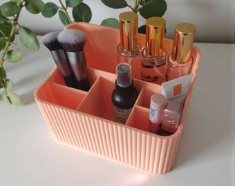 Modern Makeup Organizer for Vanity, Ribbed Cosmetic Storage, Minimalist Skincare Holder, Bathroom Counter Beauty Organizer