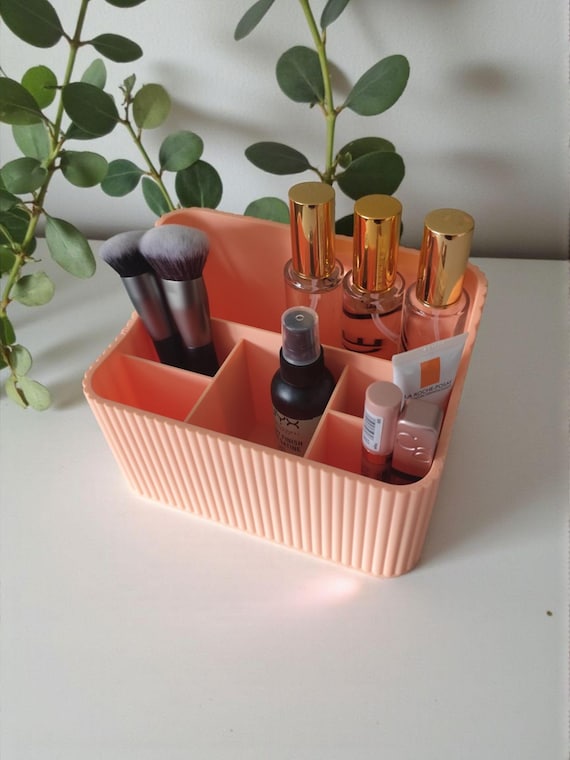 Modern Makeup Organizer for Vanity, Ribbed Cosmetic Storage, Minimalist Skincare Holder, Bathroom Counter Beauty Organizer