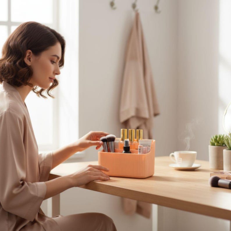 May include: A peach-colored, ribbed makeup organizer filled with brushes, bottles, and containers sits on a wooden table. A woman in a robe is reaching for an item in the organizer. A cup of coffee steams nearby.