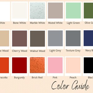May include: A color guide featuring a variety of hues, including white, bone white, marble white, muted white, light green, and olive green. Additional colors include maple wood, cherry wood, walnut wood, light grey, texture grey, and navy blue. The guide also displays terracotta, burgundy, brick red, pink, peach, and black. The text "Color Guide" is at the bottom.
