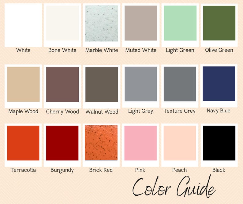 May include: A color guide featuring a variety of hues, including white, bone white, marble white, muted white, light green, and olive green. Additional colors include maple wood, cherry wood, walnut wood, light grey, texture grey, and navy blue. The guide also displays terracotta, burgundy, brick red, pink, peach, and black. The text "Color Guide" is at the bottom.