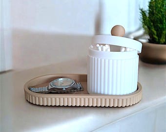 Ribbed Q-Tip Holder with Base Tray | Modern Storage | Cotton Balls or Jewelry