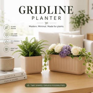 May include: Two beige Gridline planters, one square and one rectangular, filled with plants and flowers. The image includes the text "Gridline Planter" and "Two shapes. Endless possibilities."