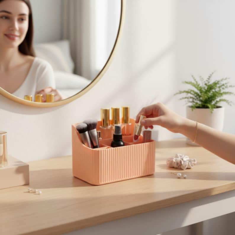 May include: A peach-colored makeup organizer with vertical ribbed detailing. The organizer holds various cosmetics, including brushes, lipsticks, and bottles. A person is reaching for a lipstick. A round mirror and a potted plant are in the background.