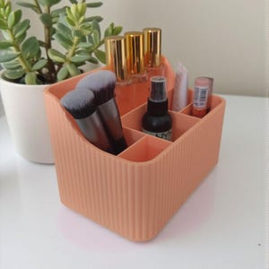 May include: A peach-colored, ribbed makeup organizer with multiple compartments. It holds makeup brushes, bottles with gold caps, and other beauty products. A small succulent plant in a white pot is in the background.