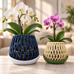 May include: Two potted orchid plants in decorative lattice-patterned planters. The larger plant has white flowers in a dark blue planter on a speckled white saucer. The smaller plant has pink-striped flowers in a cream planter on a green saucer.