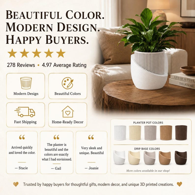 Japandi Indoor Planter With Drainage, 3D Printed Modern Plant Pot, Minimalist Scandinavian Houseplant Pot, Housewarming Gift for Plant Lover image 4
