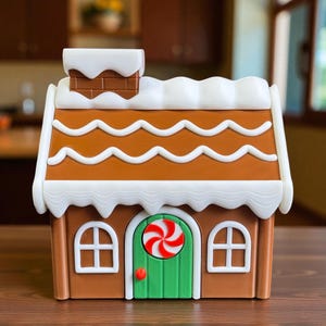 May include: A brown gingerbread house with white frosting accents and a chimney. The house features a green door with a red and white swirl design, two arched windows, and a red doorknob. The roof is decorated with white frosting.