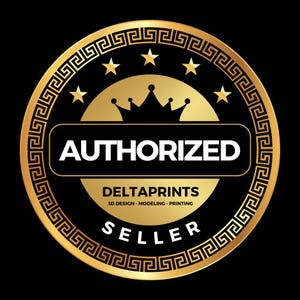 May include: A gold and black circular logo with the word "AUTHORIZED" in white. The logo features a crown, stars, and the text "DELTAPRINTS 3D DESIGN - MODELING - PRINTING SELLER". The design has a Greek key border.