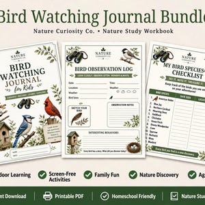Peut inclure: Un ensemble de journal d'observation des oiseaux comprenant trois pages imprimables avec des illustrations d'oiseaux, de jumelles et de nichoirs. Le texte inclut Bird Watching Journal for Kids, Bird Observation Log et My Bird Species Checklist.