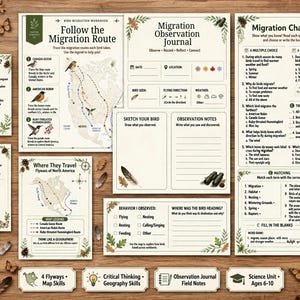 May include: A bird migration educational workbook set featuring multiple activity sheets, including a migration route map, an observation journal, a migration challenge quiz, and behavior tracking logs, all decorated with illustrations of birds and leaves.
