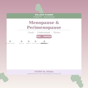 Könnte beinhalten: Ein digitales Wellness-Planer-Dokument mit dem Titel Menopause & Perimenopause und dem Untertitel Track, Understand, Thrive. Es enthält Abschnitte für Symptom Tracker, Daily Log, Nutrition und Doctor Visits sowie den Markennamen EYZHN by Athina.