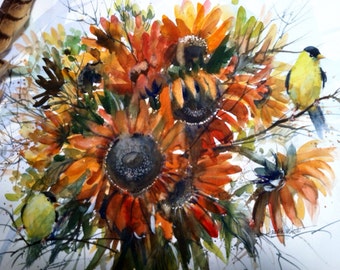 Original watercolor, Sunflowers & finches