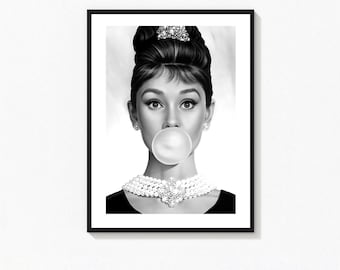 Audrey Hepburn Print, schwarz weiss Fotografie, Kaugummi (Digitaler Download)