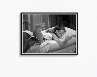 Audrey Hepburn Schwarz Weiß Vintage Druck, Geschenk Katzenliebhaber (Digitaler Download)