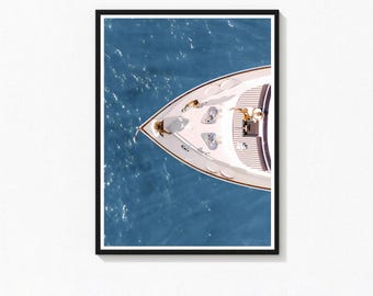 Luxury Yacht Print, Sailing in Summer, Retro Boat Poster (Digital Wall Art)