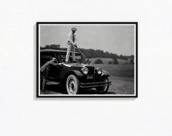 Retro Golfer Teeing on Car Print, Sports Bar Decor (Digital download)