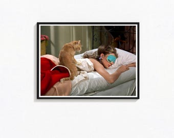 Audrey Hepburn Vintage Print, Cat in Bed Photo (Digital Download)