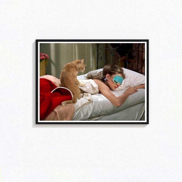 Audrey Hepburn Vintage Print, Cat in Bed Photo (Digital Download)