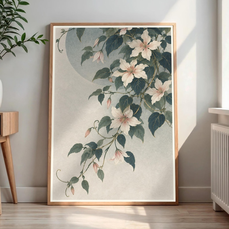 Clematis Flower Poster, Vintage Botanical Wall Art, Pink Floral Decor ...