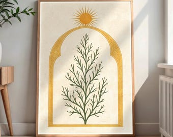 May include: A rectangular wall art print featuring a central dark green line-art tree illustration enclosed within a golden yellow archway. A stylised golden sunburst sits at the apex of the arch, all set against a textured off-white background.