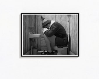 Retro Elf Bathroom Poster, Funny Toilet Print, Black and White (Digital Download)