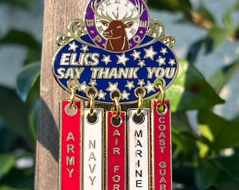 Elks zegt 'bedankt' tegen de militaire reversspeld en hangers