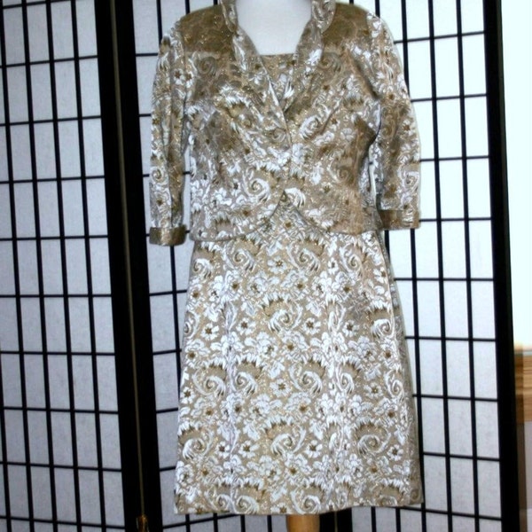 RESERVED FOR ANA Vintage 1960s sleeveless brocade dress with jacket sage & ivory metallic in large size