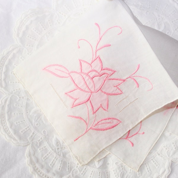 Pastel pink embroidered flower linen hankie / applique dainty vintage ladies gift / floral handkerchief with pretty detailed corners