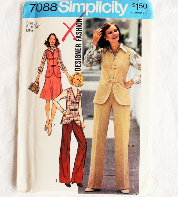 70s Groovy Fashion Sewing Pattern Pantsuit & Bias Cut Skirt / Long Vest  With Buckle Front / RARE Simplicity 7088 Uncut Ladies Size 12 