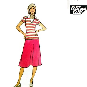 May include: Illustration of a woman wearing a striped short-sleeve shirt, a pink skirt, and a beret. The shirt has red, white, and brown stripes. The skirt is a solid pink color. The image includes the text "FAST and EASY" and "SIZE 14".
