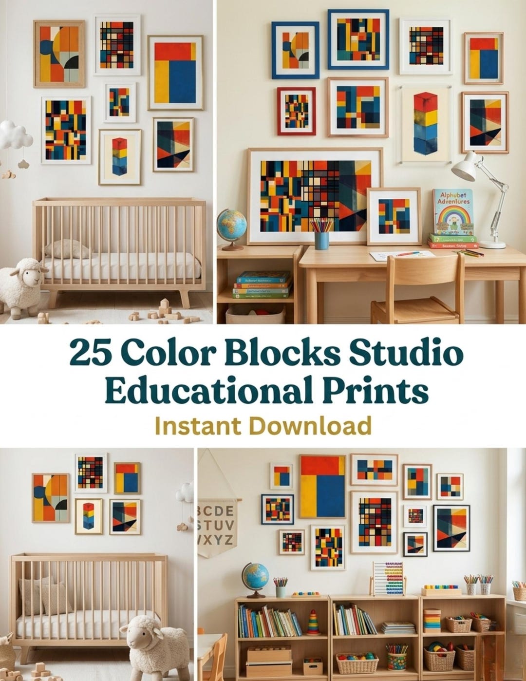 Nursery Wall Art Set (25 Prints), Modern Kids Wall Decor, Playroom ...
