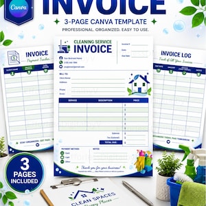 Cleaning Business Invoice Template Kit | Invoice Template, Payment Tracker, Invoice Log | Editable Canva Template