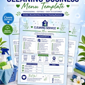 Peut inclure: Un modèle de menu numérique pour entreprise de nettoyage sur fond bleu clair avec des bulles et des feuilles vertes. Le document comprend des sections pour le nettoyage standard, en profondeur, déménagement, services additionnels et forfaits.