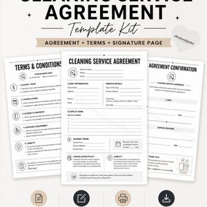 Può includere: Un kit di modelli per contratti di servizi di pulizia. Il kit include tre modelli: termini e condizioni, un contratto di servizio di pulizia e una conferma del contratto. I modelli sono completamente modificabili in Canva e disponibili come PDF stampabile.