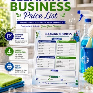 Cleaning Business Price List Canva Template | Editable Cleaning Services Pricing Sheet | House Cleaning Price Guide | Instant Download