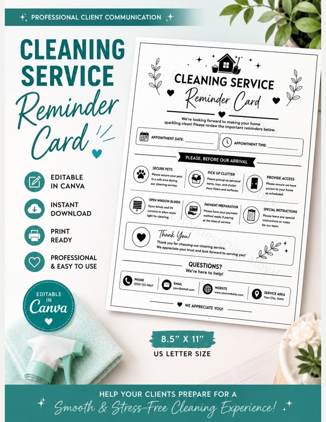 Cleaning Service Reminder Card Template | Canva Editable Cleaning ...