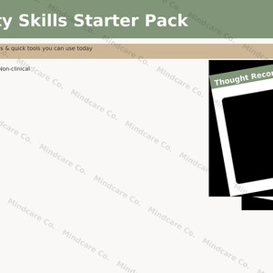 May include: Anxiety Skills Starter Pack with the text "Thought Record" on a white card. The pack includes printable, digital, and non-clinical tools. The Mindcare Co. logo is at the bottom.