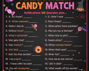 Könnte beinhalten: Ein Halloween-Spielbrett mit dem Titel "Halloween Candy Match" in Orange und Gelb. Das Brett enthält Lückentexte, Süßigkeiten-Grafiken und einen Hexenhut. Der Hintergrund ist schwarz.