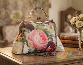 Floral Kiss Clasp Handbag, Frame Purse for Women, Retro Clutch Bag