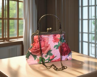 Handmade Watercolor Rose Kiss Clasp Handbag – Floral Cotton Purse with Chain