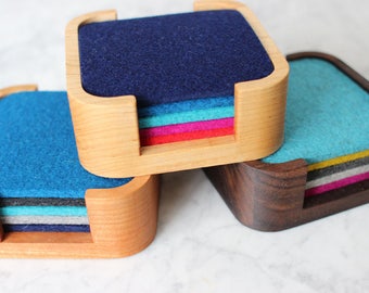 Coaster Holder + 5 Felt Coasters, Milled from Solid Hardwood, USA-made, Quality Craftsmanship, Includes 5 Coasters in Your Choice of Colors!