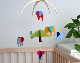 Elephant Baby Mobile, USA-made, Pure Wool Felt, Beautifully Crafted, Choose from 33 Vibrant Colors | Safari Mobile