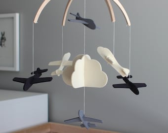 Black and White Airplane Mobile, USA-made, Pure Wool Felt, Beautifully Crafted, Choose from 33 Vibrant Colors | Baby Mobile