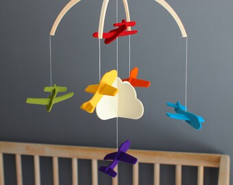 Airplane Baby Mobile, USA-made, Pure Wool Felt, Beautifully Crafted, Choose from 33 Vibrant Colors | Mobile for Nursery