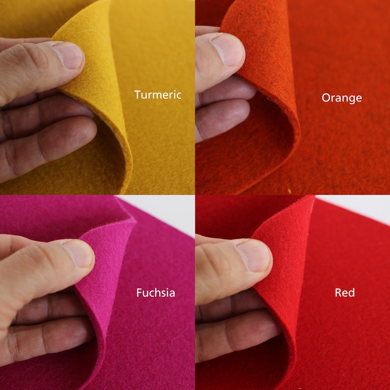 K&ouml;nnte beinhalten: Vier Filzquadrate in verschiedenen Farben: Kurkuma, Orange, Fuchsia und Rot. Jedes Quadrat wird von einer Hand gehalten, wodurch die Textur des Filzes sichtbar wird.