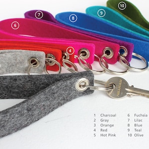 Puede incluir: Diez llaveros de fieltro en varios colores, incluyendo carb&oacute;n, gris, naranja, rojo, rosa intenso, fucsia, lila, azul, verde azulado y oliva. Cada llavero tiene un anillo de llave plateado.